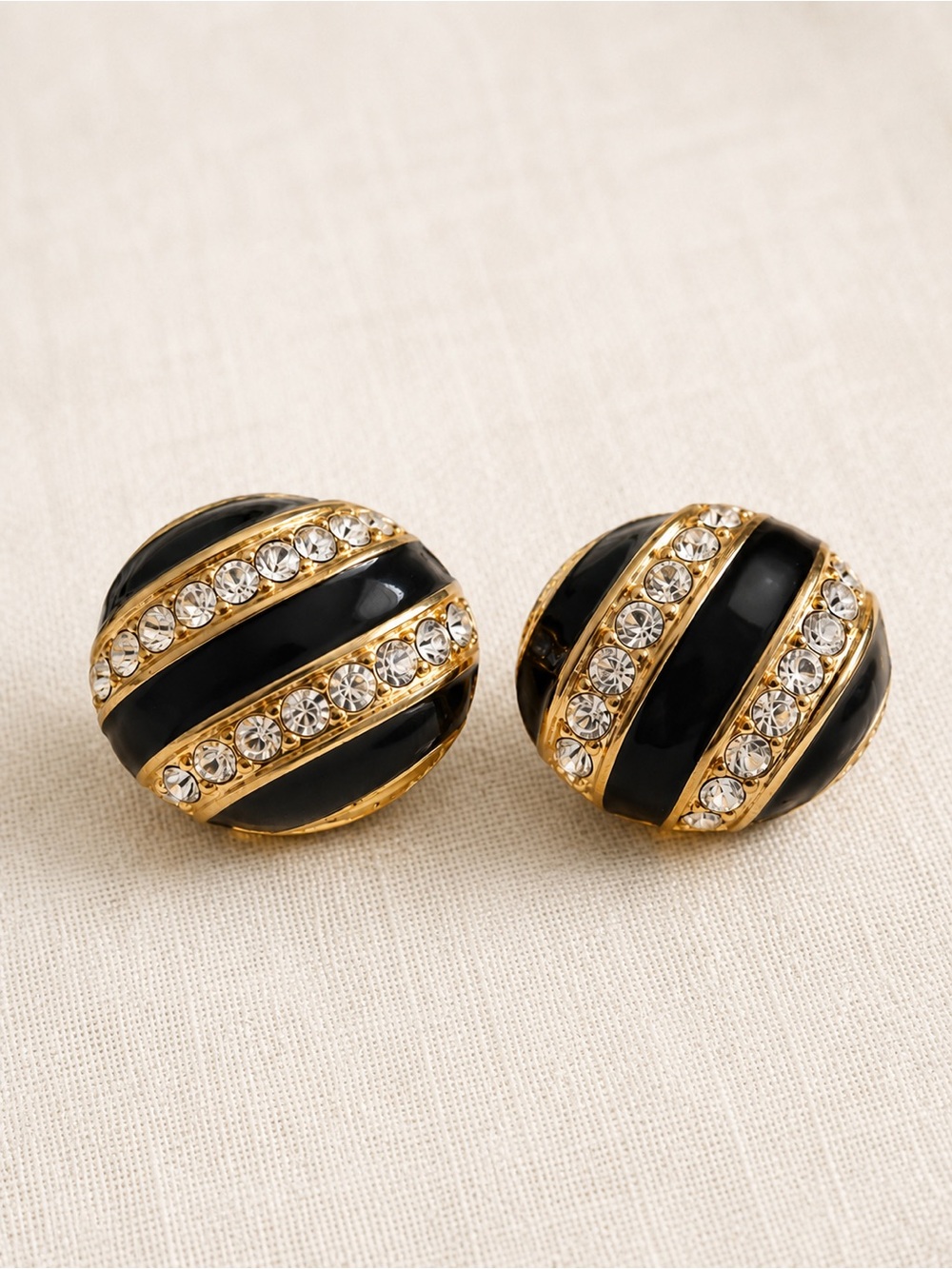 Napier Gold Tone Black Enamel Rhinestone Screwback Clip-On Earrings Vintage